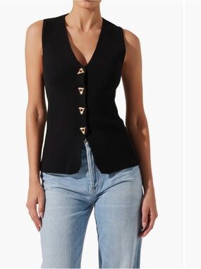ASTR the Label V-Neck Sleeveless Black Knit Tank with Gold Accent Buttons, NWT.